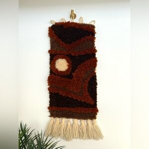 Handcrafted Vintage MCM Wool Latch Hook Rug 70s Wall Hanging Boho